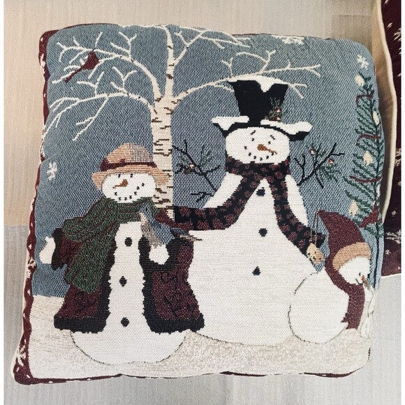 VTG Snowman Tapestry Throw Pillows 16x16 Lot of 2 Winter Christmas Holiday Decor - Picture 2 of 11